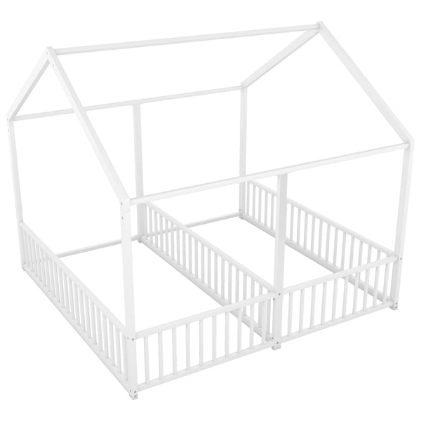 English Elm Metal Twin House Platform Bed with Guardrails and Playful Roof Window Design for Families Antique White MF307505AAK