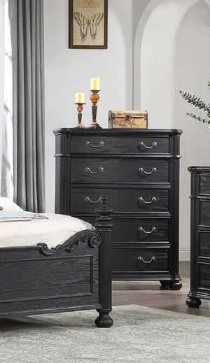 English Elm 1pc Traditional Vintage Antique Chest with 5 Drawers, Drop Handles & Bun Feet in Black Gray Finish B011P167896