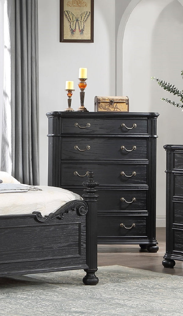 English Elm 1pc Traditional Vintage Antique Chest with 5 Drawers, Drop Handles & Bun Feet in Black Gray Finish B011P167896