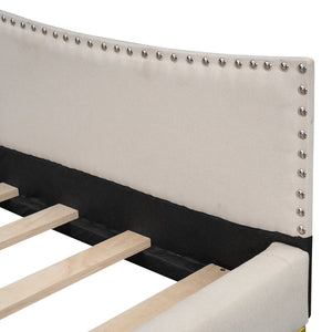 English Elm Full Full Size Upholstered Daybed with Headboard and Armrest, Linen-Blend Fabric, Solid Pine Frame, Guardrails for Guests and Lounging Beige WF318303AAM