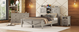 English Elm 3-Pieces Bedroom Set Full Size Farmhouse Platform Bed with Storage Headboard, Nightstand & Dresser Antique Gray 59.25 L x 18.31 W x 8.27 H N733S369048G