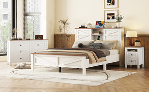 English Elm 3-Pieces Bedroom Set Full Size Farmhouse Platform Bed with Storage Headboard, Nightstand & Dresser White 46.25 L x 9.25 W x 9 H N733S369037K