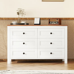 English Elm Retro Vintage Farmhouse Dresser with 6 Deep Drawers for Bedroom Storage, Durable Wooden Design White 59.84 L x 18.31 W x 12.6 H WF317946AAK