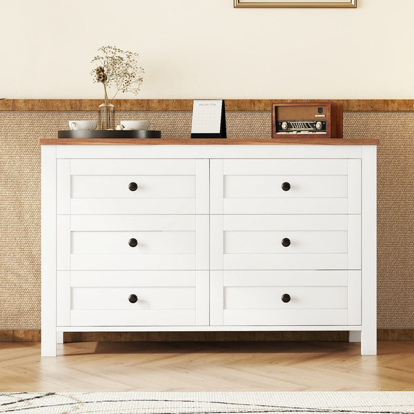 English Elm Retro Vintage Farmhouse Dresser with 6 Deep Drawers for Bedroom Storage, Durable Wooden Design White 59.84 L x 18.31 W x 12.6 H WF317946AAK