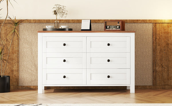 English Elm Retro Vintage Farmhouse Dresser with 6 Deep Drawers for Bedroom Storage, Durable Wooden Design White 59.84 L x 18.31 W x 12.6 H WF317946AAK