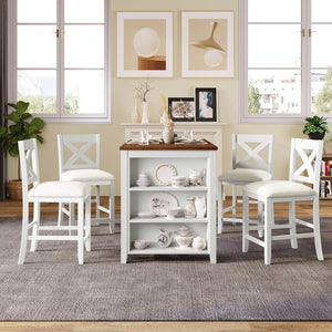 English Elm TOPMAX Counter Height 5-Piece Rustic Farmhouse Dining Set with Built-In Storage and Cushioned Seats White SP011135AAK