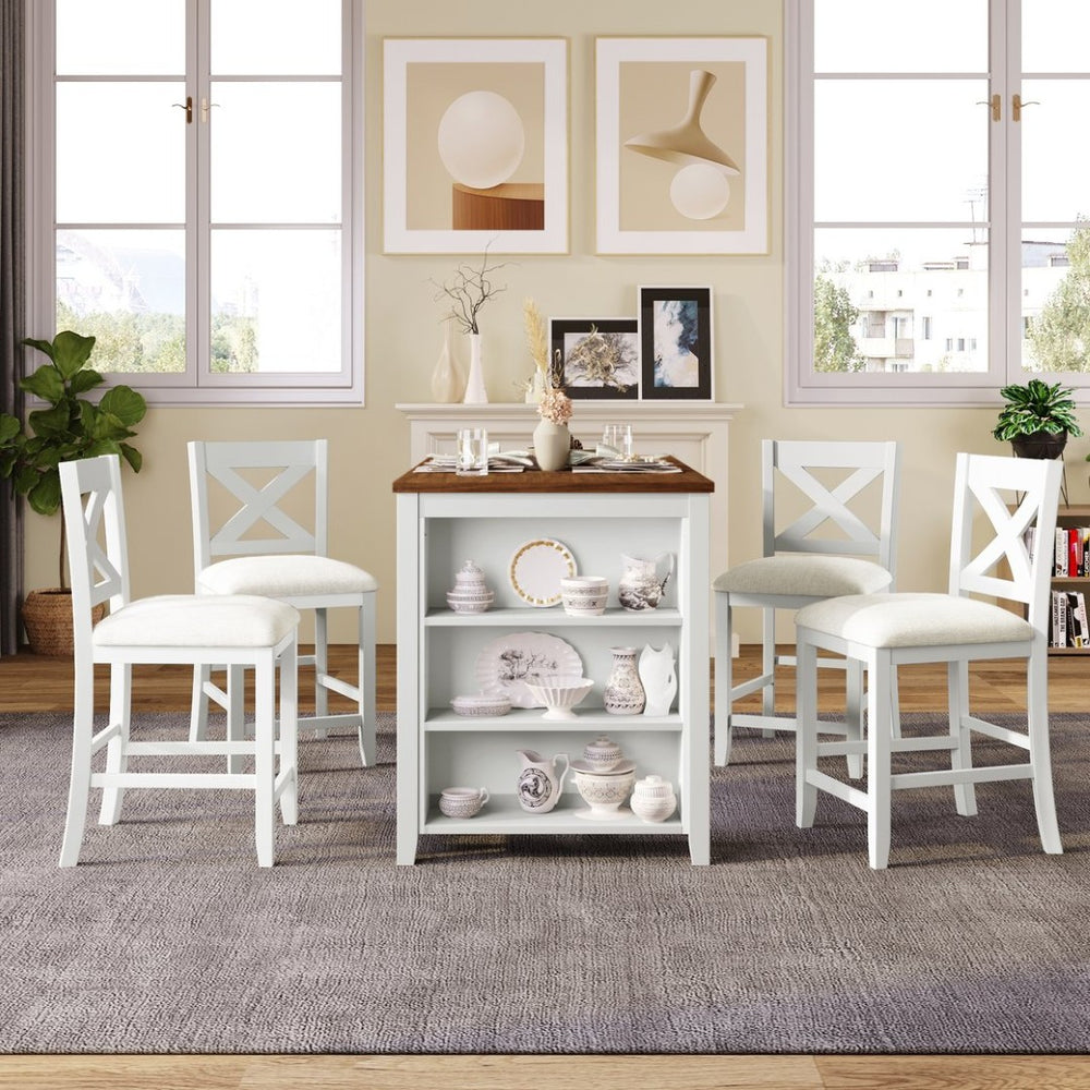 English Elm Topmax Farmhouse Counter Height Dining Set with X-back Chairs and Tiered Storage N717S001135K