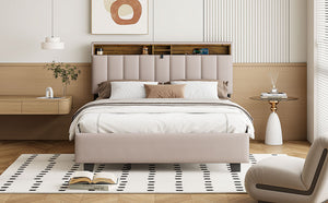 English Elm Queen Upholstered Platform Bed with Hidden Headboard Storage, USB Ports, Trundle & Dual Drawers Beige SF000121AAA
