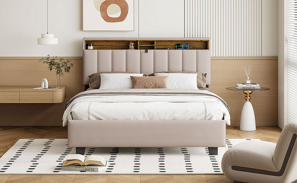 English Elm Queen Upholstered Platform Bed with Hidden Headboard Storage, USB Ports, Trundle & Dual Drawers Beige SF000121AAA