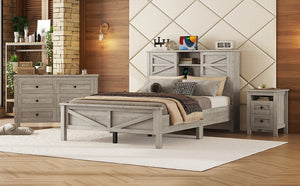 English Elm 3-Pieces Bedroom Set Full Size Farmhouse Platform Bed with Storage Headboard, Nightstand & Dresser Antique Gray 59.25 L x 18.31 W x 8.27 H N733S369048G