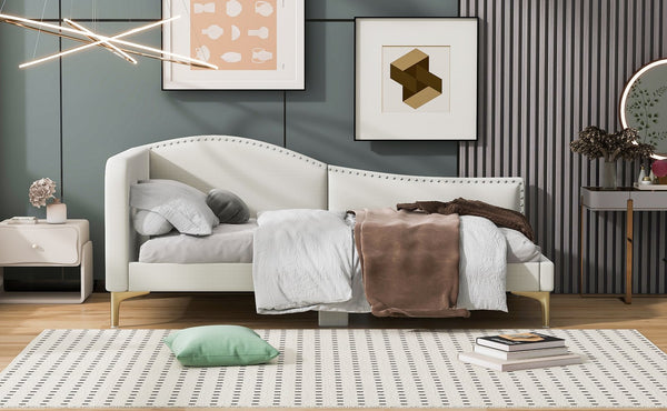 English Elm Twin Upholstered Daybed with Headboard and Armrest, Linen-Blend Finish, Guardrails, Solid Pine Frame Beige WF318293AAM