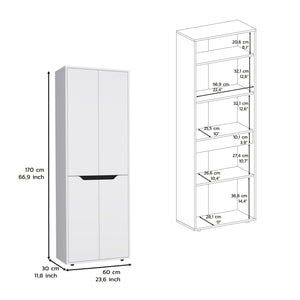 English Elm 67"H Pine Kitchen Storage Cabinet with 4 Doors, 5 Shelves, White & Black Finish - Slim 23.6" W Design, Durable Laminated Particle Board B097P167411