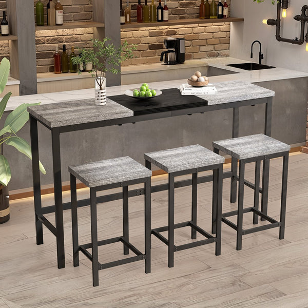 English Elm Modern Long Dining Table Set with Hanging Stools, Space-Saving MDF Top, Iron Frame Durability and Style Black+Gery W757P314434