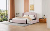 English Elm Upholstered Platform Bed With Wingback Headboard and 4 Drawers, No Box Spring Needed, Linen Fabric, Queen Size Pink