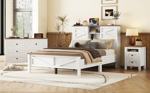 English Elm 3-Pieces Bedroom Set Full Size Farmhouse Platform Bed with Storage Headboard, Nightstand & Dresser White 59.25 L x 18.31 W x 8.27 H N733S369048K