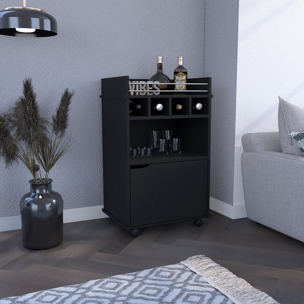 English Elm DEPOT Sims 35" H Bar Cart with 2 Shelves, 4 Wine Cubbies & Cabinet in Black — Compact 35"H organizer B097P167416