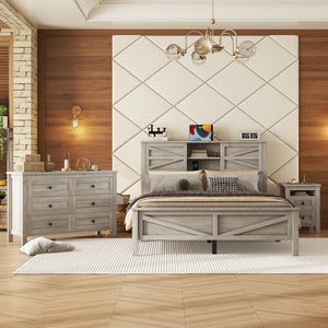 English Elm 3-Pieces Bedroom Set Full Size Farmhouse Platform Bed with Storage Headboard, Nightstand & Dresser Antique Gray 46.25 L x 9.25 W x 9 H N733S369037G