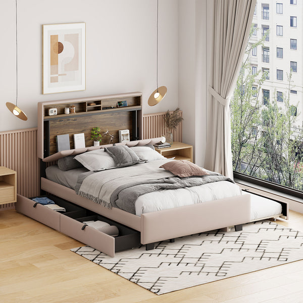 English Elm Full Upholstered Platform Bed with Hidden Headboard Storage, USB Ports, Trundle & 2 Drawers, Linen Durable Design Beige SF000120AAA