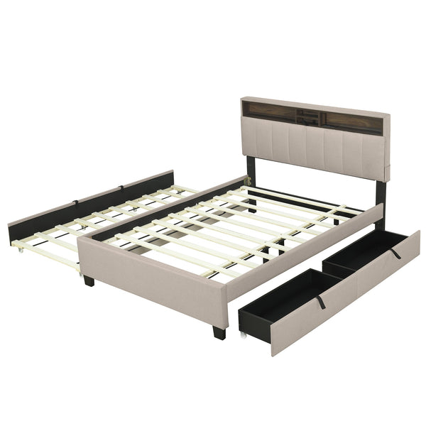 English Elm Full Upholstered Platform Bed with Hidden Headboard Storage, USB Ports, Trundle & 2 Drawers, Linen Durable Design Beige SF000120AAA