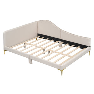 English Elm Full Full Size Upholstered Daybed with Headboard and Armrest, Linen-Blend Fabric, Solid Pine Frame, Guardrails for Guests and Lounging Beige WF318303AAM