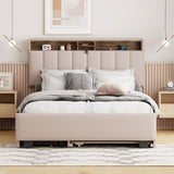 Hearth and Haven Hudson Full Size Upholstered Platform Bed with Storage Headboard, Twin Trundle and 2 Drawers, Beige SF000120AAA