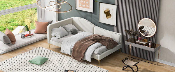 English Elm Twin Upholstered Daybed with Headboard and Armrest, Linen-Blend Finish, Guardrails, Solid Pine Frame Beige WF318293AAM