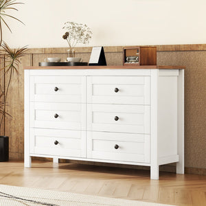 English Elm Retro Vintage Farmhouse Dresser with 6 Deep Drawers for Bedroom Storage, Durable Wooden Design White 59.84 L x 18.31 W x 12.6 H WF317946AAK