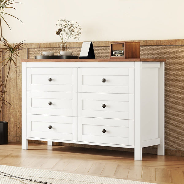 English Elm Retro Vintage Farmhouse Dresser with 6 Deep Drawers for Bedroom Storage, Durable Wooden Design White 59.84 L x 18.31 W x 12.6 H WF317946AAK