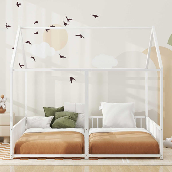 English Elm Metal Twin House Platform Bed with Guardrails and Playful Roof Window Design for Families Antique White MF307505AAK