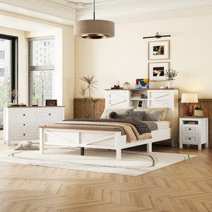 English Elm 3-Pieces Bedroom Set Full Size Farmhouse Platform Bed with Storage Headboard, Nightstand & Dresser White 46.25 L x 9.25 W x 9 H N733S369037K