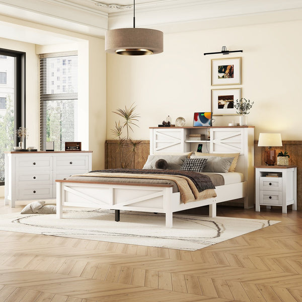 English Elm 3-Pieces Bedroom Set Full Size Farmhouse Platform Bed with Storage Headboard, Nightstand & Dresser White 46.25 L x 9.25 W x 9 H N733S369037K