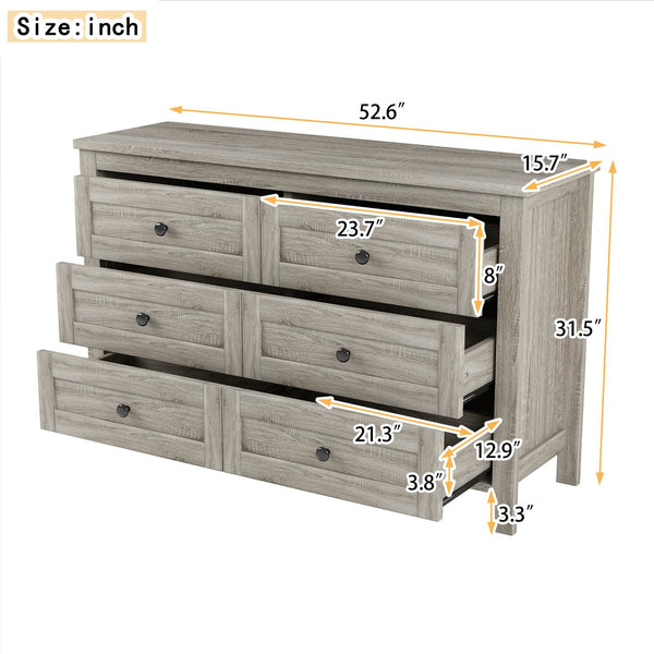 English Elm Retro Vintage Farmhouse Dresser with 6 Deep Drawers for Bedroom Storage, Durable Wooden Design Antique Gray 59.84 L x 18.31 W x 12.6 H WF317946AAG