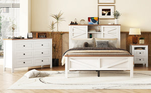 English Elm 3-Pieces Bedroom Set Full Size Farmhouse Platform Bed with Storage Headboard, Nightstand & Dresser White 59.25 L x 18.31 W x 8.27 H N733S369048K