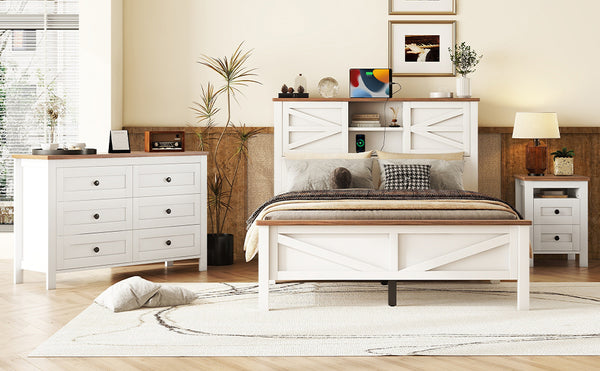 English Elm 3-Pieces Bedroom Set Full Size Farmhouse Platform Bed with Storage Headboard, Nightstand & Dresser White 59.25 L x 18.31 W x 8.27 H N733S369048K