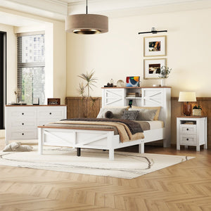 English Elm 3-Pieces Bedroom Set Full Size Farmhouse Platform Bed with Storage Headboard, Nightstand & Dresser White 59.25 L x 18.31 W x 8.27 H N733S369048K