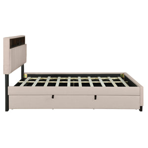 English Elm Full Upholstered Platform Bed with Hidden Headboard Storage, USB Ports, Trundle & 2 Drawers, Linen Durable Design Beige SF000120AAA