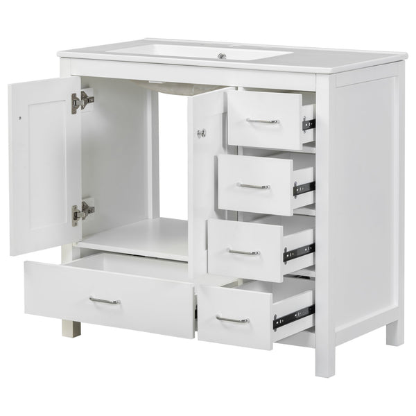 English Elm 36" White Bathroom Vanity with Ceramic Sink, 2 Soft-Close Doors & 5 Drawers, Modern Storage Chic WF319798AAK