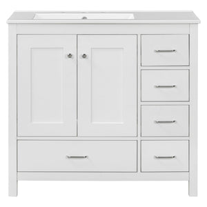 English Elm 36" White Bathroom Vanity with Ceramic Sink, 2 Soft-Close Doors & 5 Drawers, Modern Storage Chic WF319798AAK