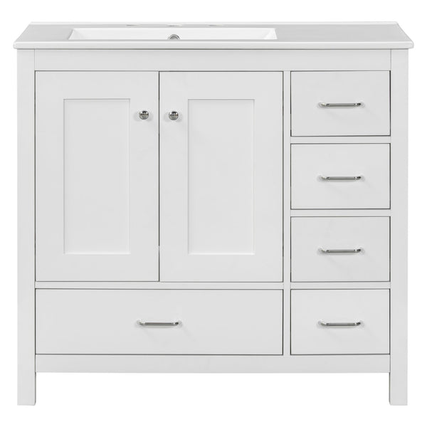 English Elm 36" White Bathroom Vanity with Ceramic Sink, 2 Soft-Close Doors & 5 Drawers, Modern Storage Chic WF319798AAK