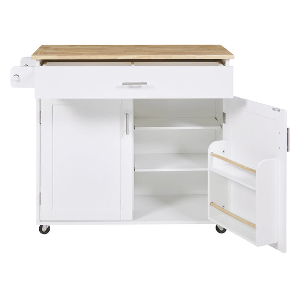 English Elm K&K Rolling Kitchen Island Cart with Drop-Leaf Rubber Wood Top, Large Drawer & Internal Rack Storage White WF316601AAW