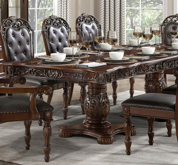 English Elm Traditional Adelina Dining Table with Double Pedestal, Cherry Finish & Gold Tipping, Extends 74–108" B011S00820