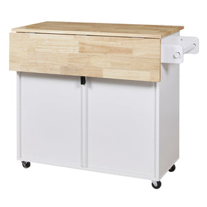 English Elm K&K Rolling Kitchen Island Cart with Drop-Leaf Rubber Wood Top, Large Drawer & Internal Rack Storage White WF316601AAW