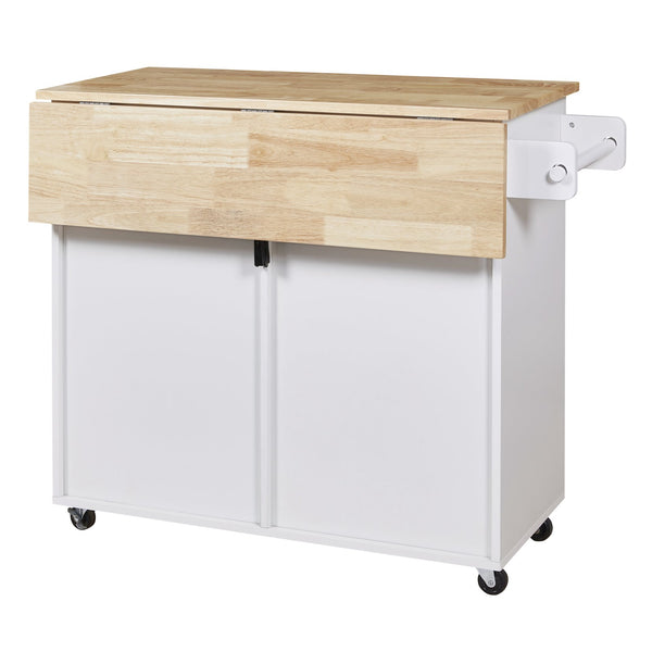 English Elm K&K Rolling Kitchen Island Cart with Drop-Leaf Rubber Wood Top, Large Drawer & Internal Rack Storage White WF316601AAW