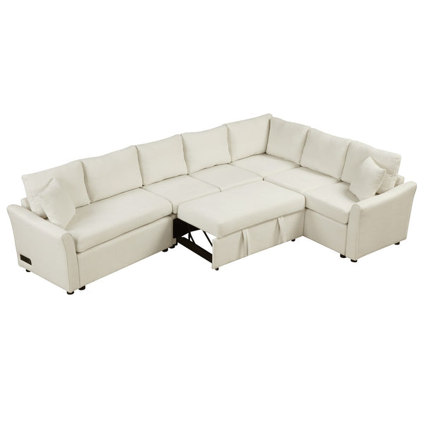 English Elm 124.8"l-shaped Chenille Sleeper Sectional with Usb Charging Corner Living Room Sofa SG001430AAA