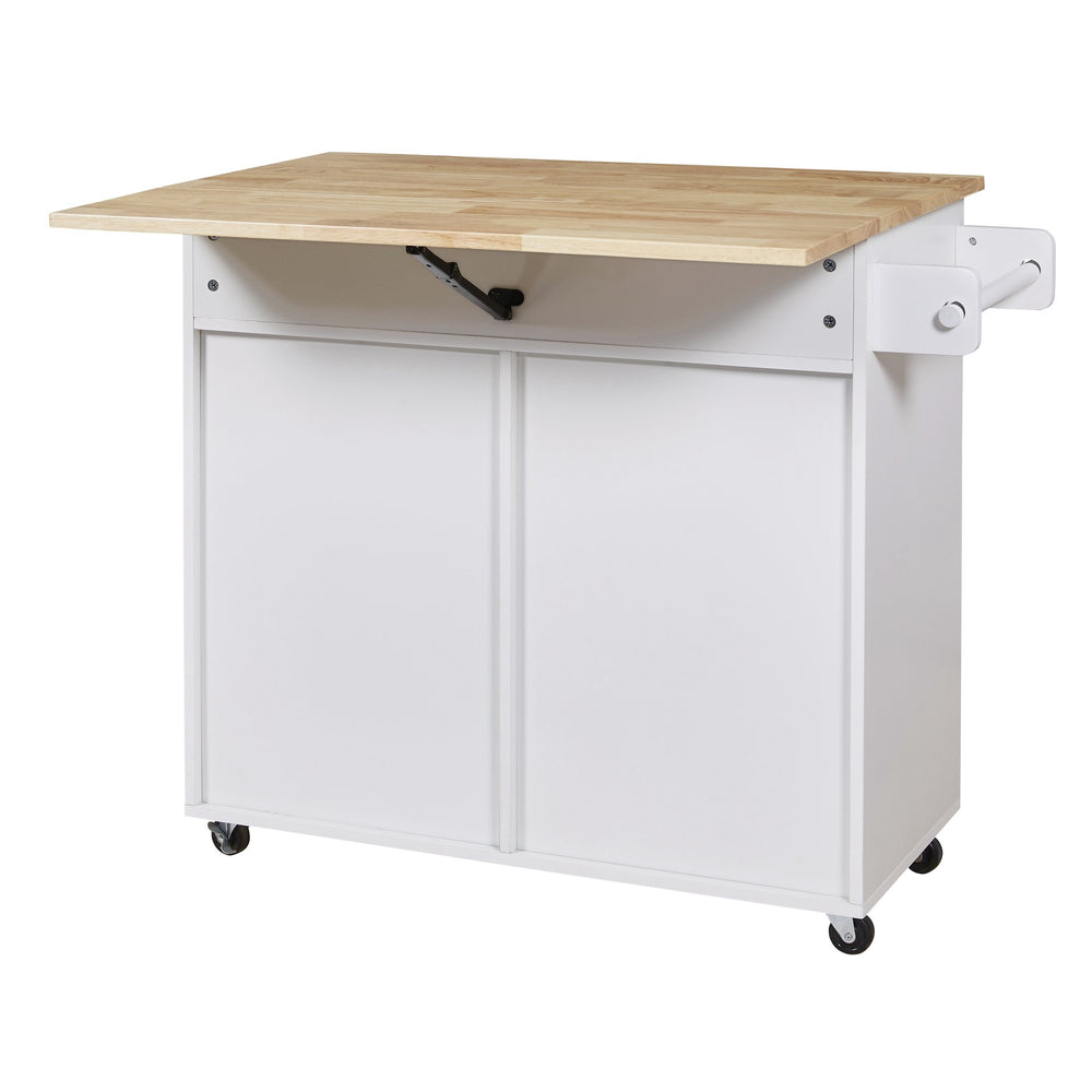 English Elm K&K Rolling Kitchen Island Cart with Drop-Leaf Rubber Wood Top, Large Drawer & Internal Rack Storage White WF316601AAW