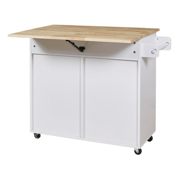 English Elm K&K Rolling Kitchen Island Cart with Drop-Leaf Rubber Wood Top, Large Drawer & Internal Rack Storage White WF316601AAW