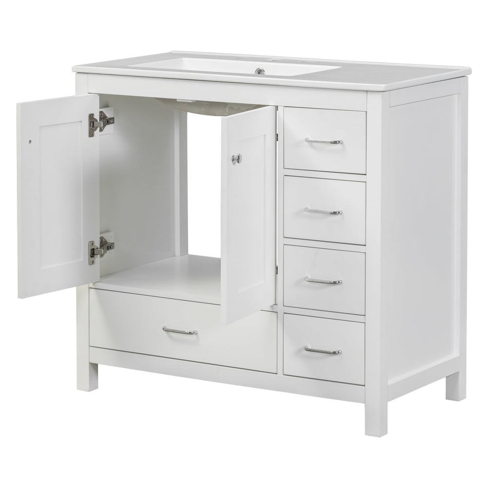 English Elm 36" White Bathroom Vanity with Ceramic Sink, 2 Soft-Close Doors & 5 Drawers, Modern Storage Chic WF319798AAK