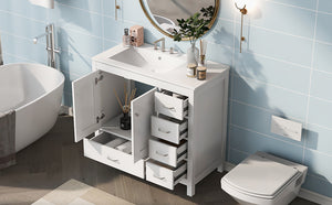 English Elm 36" White Bathroom Vanity with Ceramic Sink, 2 Soft-Close Doors & 5 Drawers, Modern Storage Chic WF319798AAK