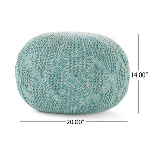 English Elm Baltazar Hand-Knitted Aqua Round Pouf Ottoman | 20"x20"x14 Floor Cushion, PET Yarn, 200lb Capacidad B181P163087