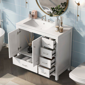 English Elm 36" White Bathroom Vanity with Ceramic Sink, 2 Soft-Close Doors & 5 Drawers, Modern Storage Chic WF319798AAK